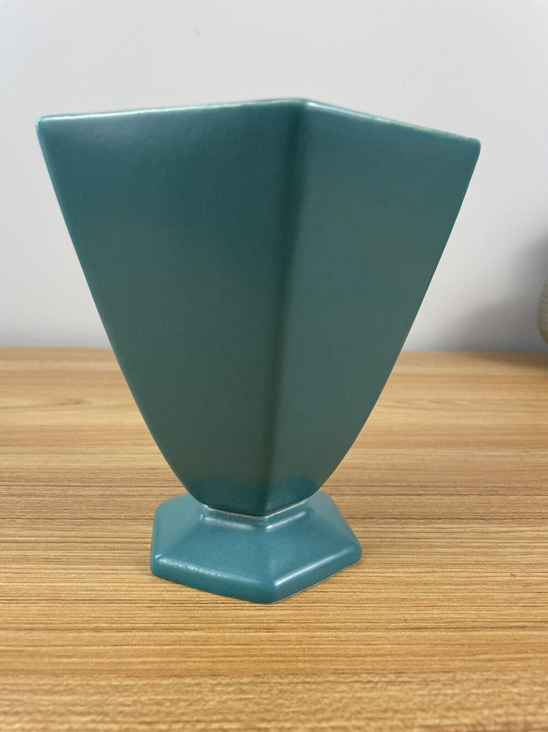 Vintage Cowan Lakeware Teal Hexagon Art Pottery Vase  1940's Stamped 6" Tall