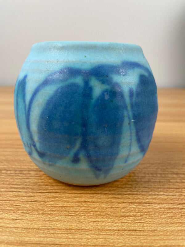 JT Abernathy art pottery Blue Cabinet Vase signed, Ann Arbor, Cranbrook 3" Tall