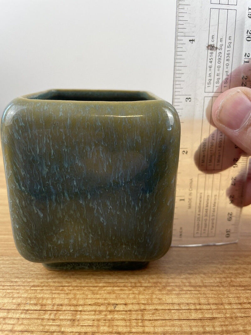 DRYDEN POTTERY, KANSAS ERA, MCM GREEN CUBE VASE #16, 5 H., 4 3/4" W. ART POTTERY