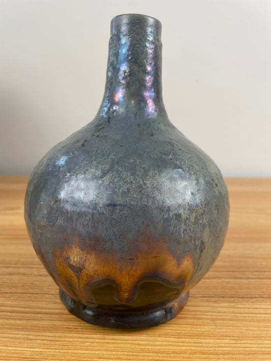 Pewabic Pottery Green Blue Glaze With Iridescent Gold Purple Drip Bottle Vase