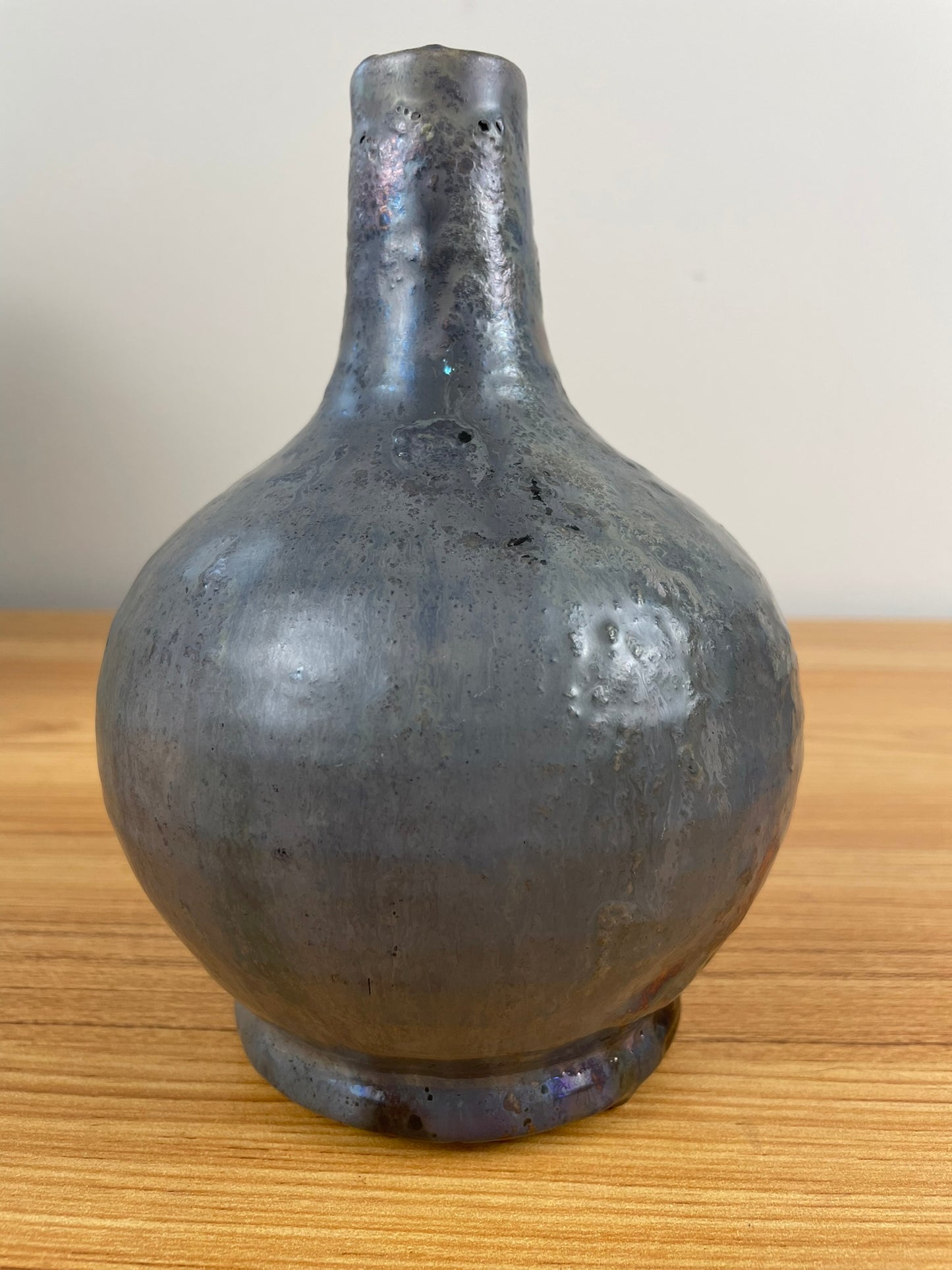 Pewabic Pottery Green Blue Glaze With Iridescent Gold Purple Drip Bottle Vase
