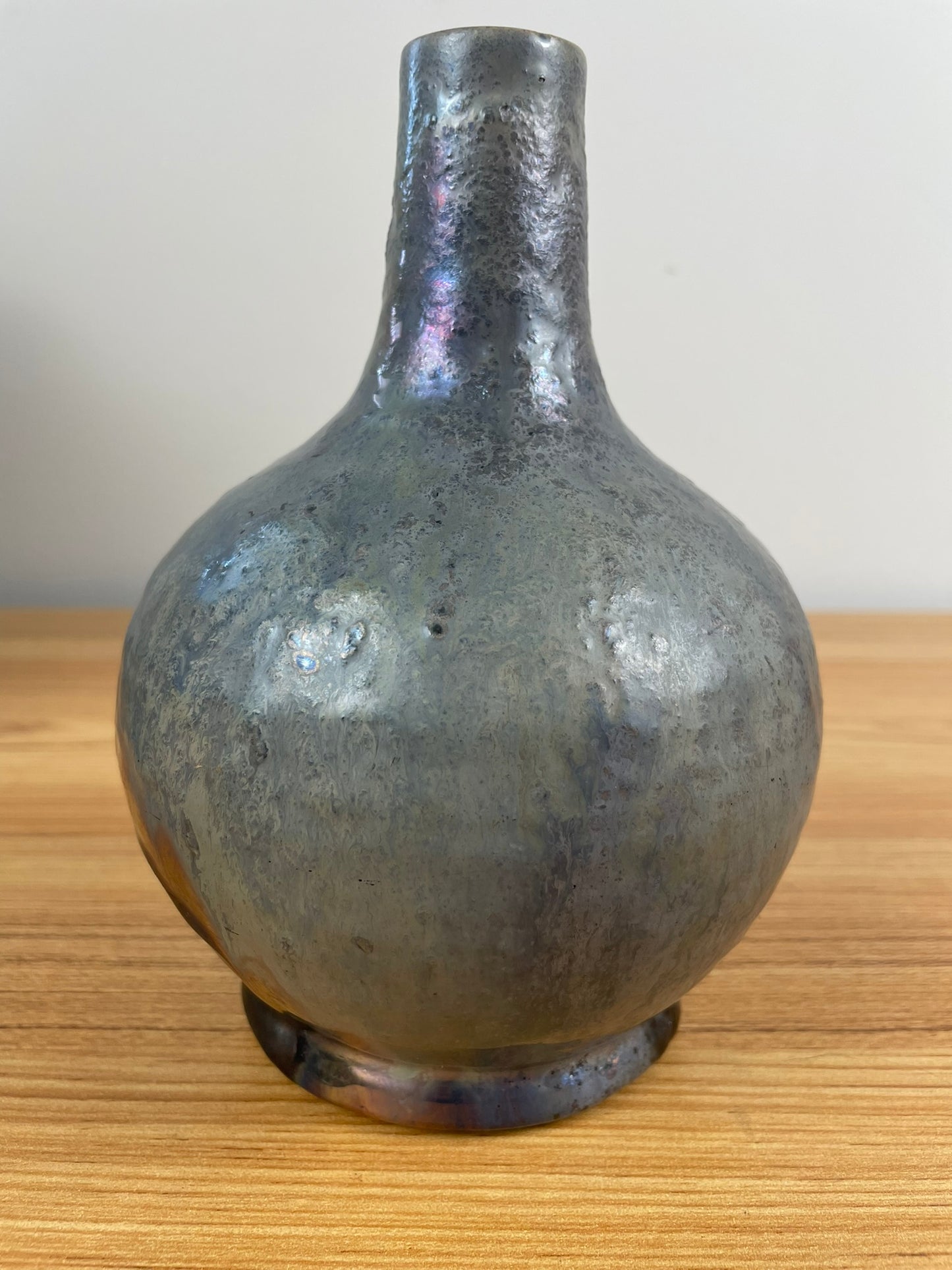 Pewabic Pottery Green Blue Glaze With Iridescent Gold Purple Drip Bottle Vase