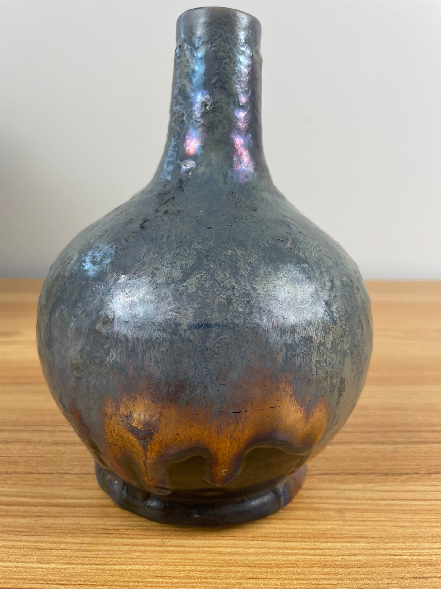 Pewabic Pottery Green Blue Glaze With Iridescent Gold Purple Drip Bottle Vase
