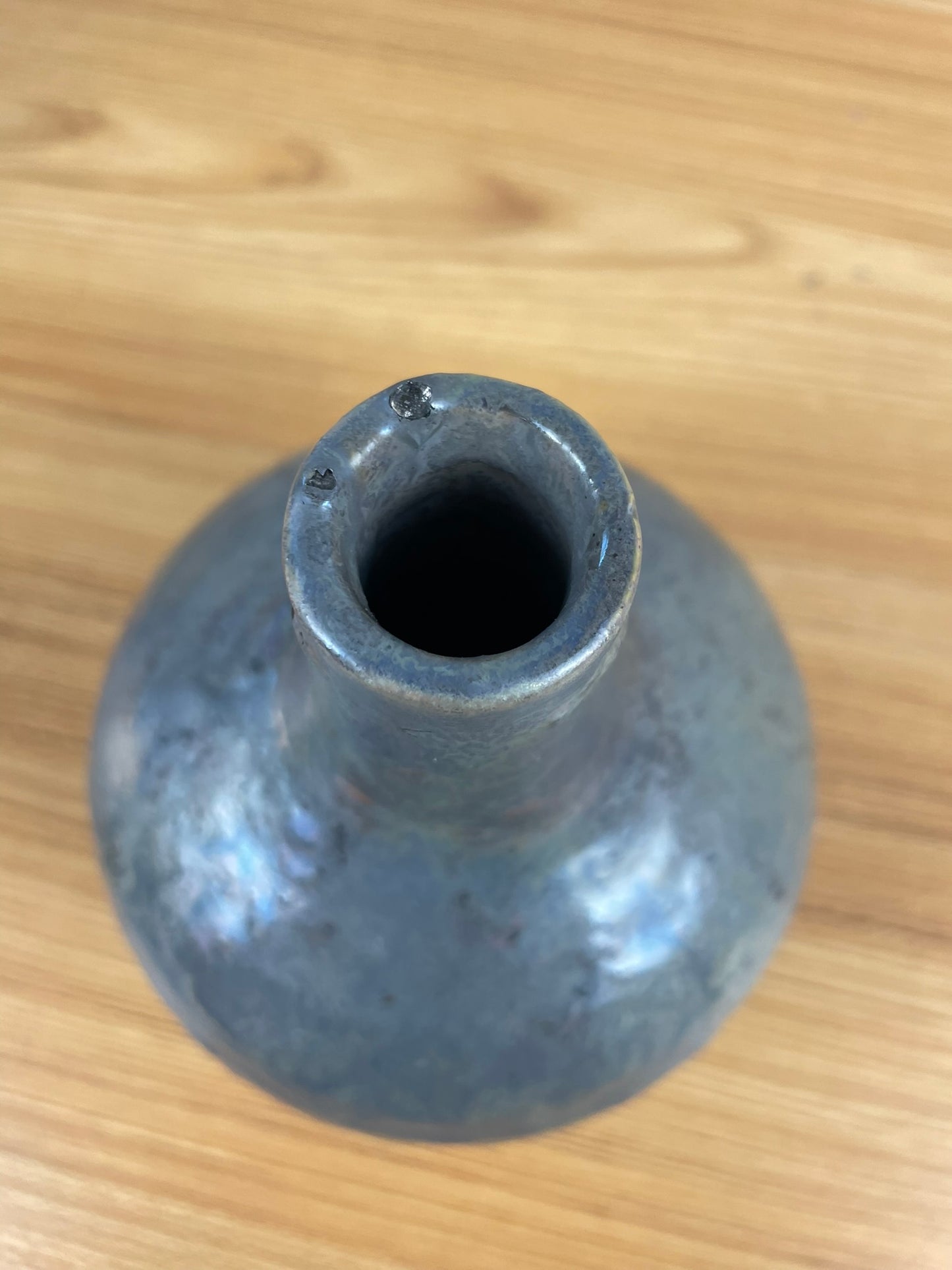 Pewabic Pottery Green Blue Glaze With Iridescent Gold Purple Drip Bottle Vase