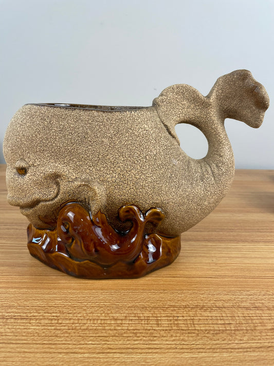 Royal Haeger Whale & Baby Planter Mid-Century Bennington Sand & Brown Glaze USA