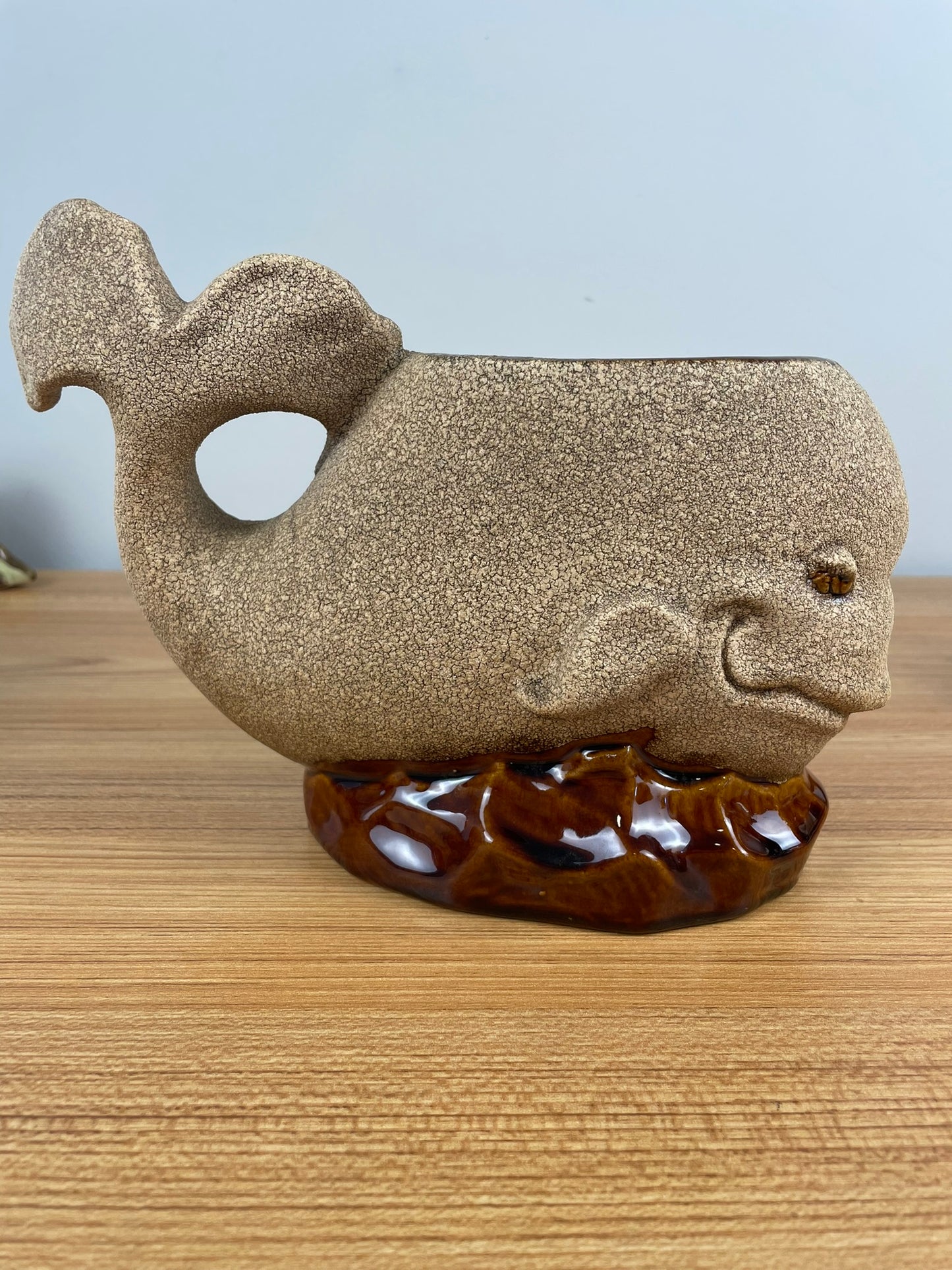 Royal Haeger Whale & Baby Planter Mid-Century Bennington Sand & Brown Glaze USA