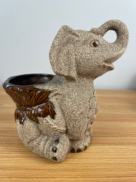 Royal Haeger Pottery Lucky BABY ELEPHANT PLANTER Sand & Brown Glaze 9"" USA