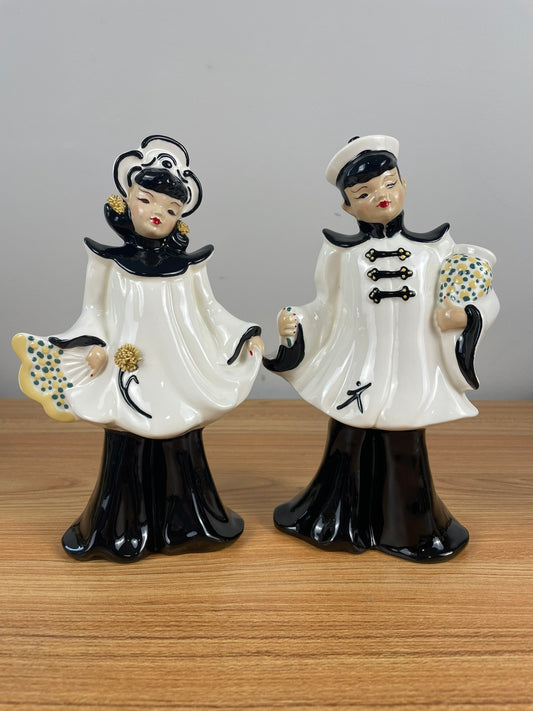 Florence Ceramics Set Ceramic Asian Couple Pair Ivory & Gold Spaghetti Floral