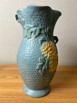 Weller Delsa Art Pottery Blue Dimpled Yellow Flower 13" Tall Vase