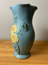 Weller Delsa Art Pottery Blue Dimpled Yellow Flower 13" Tall Vase