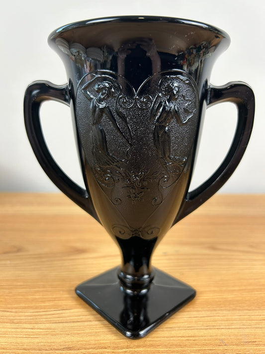 LE SMITH 1930's Embossed Black Amethyst Glass Loving Trophy Cup Vase