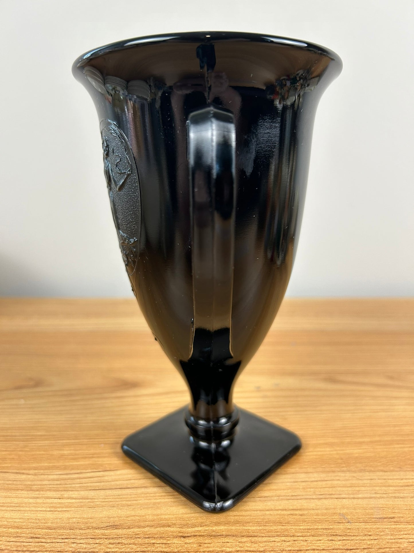 LE SMITH 1930's Embossed Black Amethyst Glass Loving Trophy Cup Vase