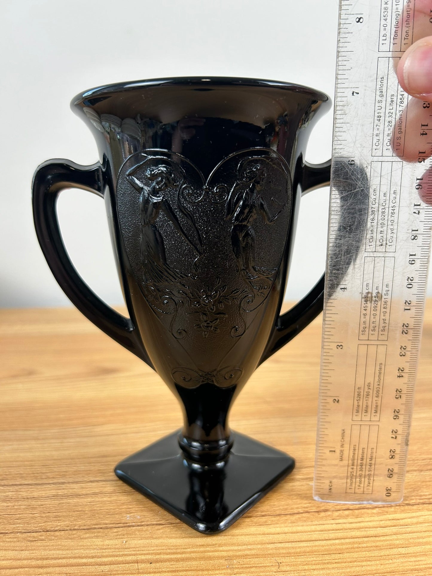 LE SMITH 1930's Embossed Black Amethyst Glass Loving Trophy Cup Vase