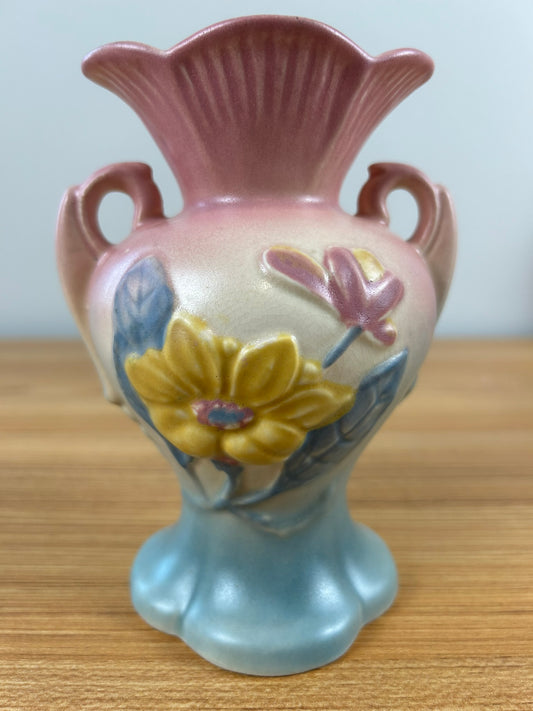 Hull Pottery Magnolia 4-6 1/4" Vase with Handles Pink and Blue USA