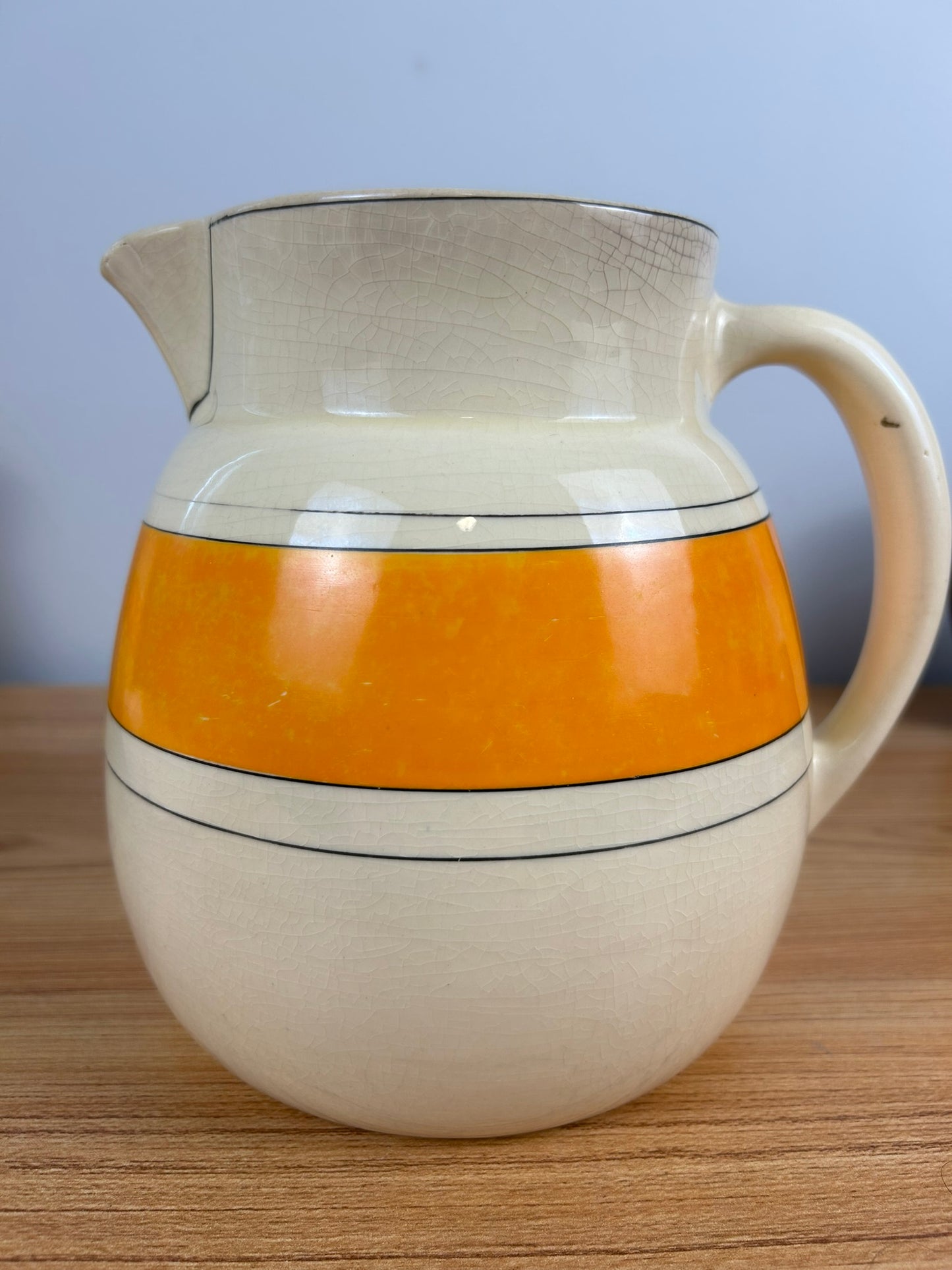 Antique Roseville Pottery USA Banded Pitcher Creamware, Orange & Black Creamer 7.5"