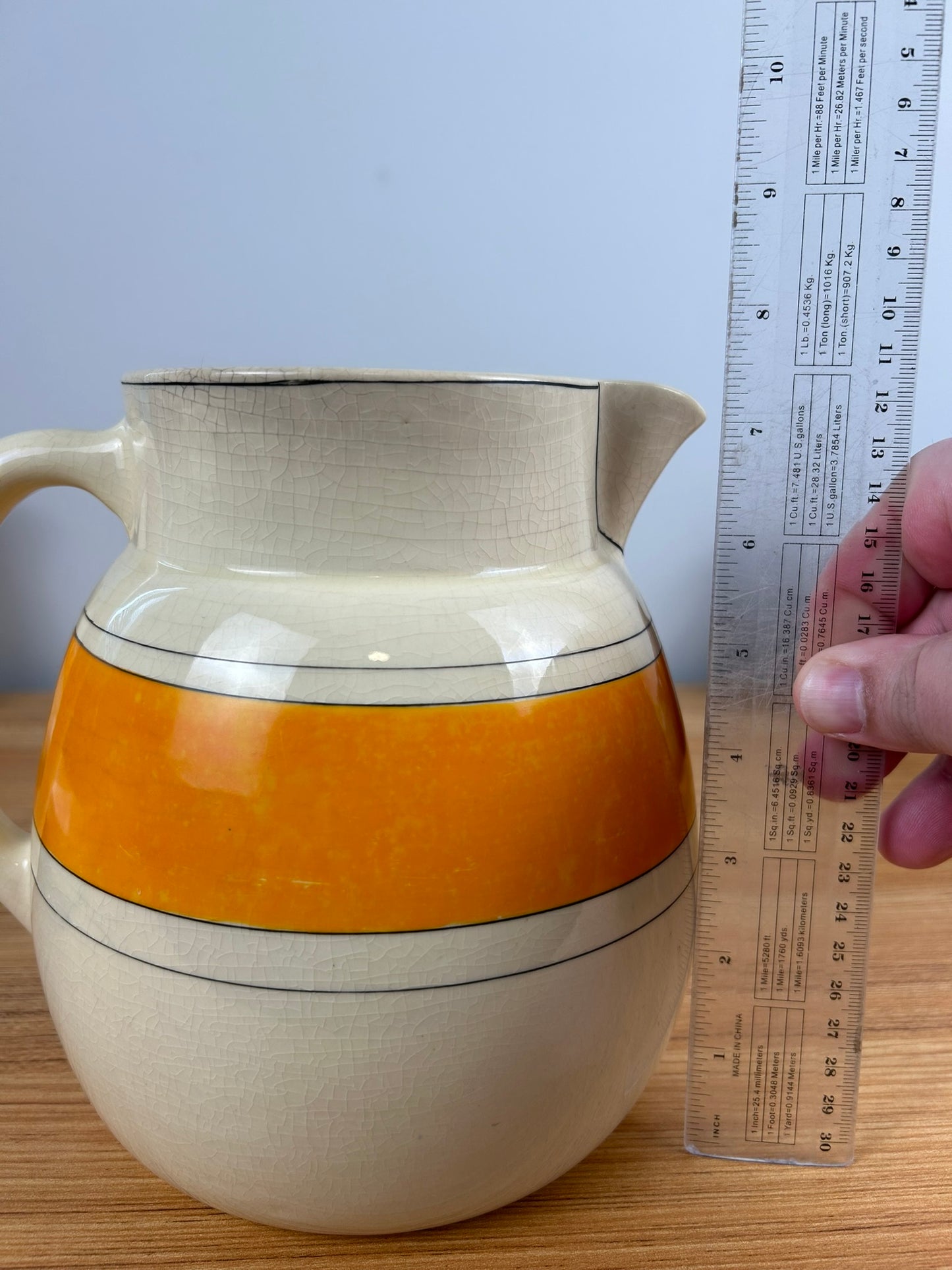 Antique Roseville Pottery USA Banded Pitcher Creamware, Orange & Black Creamer 7.5"