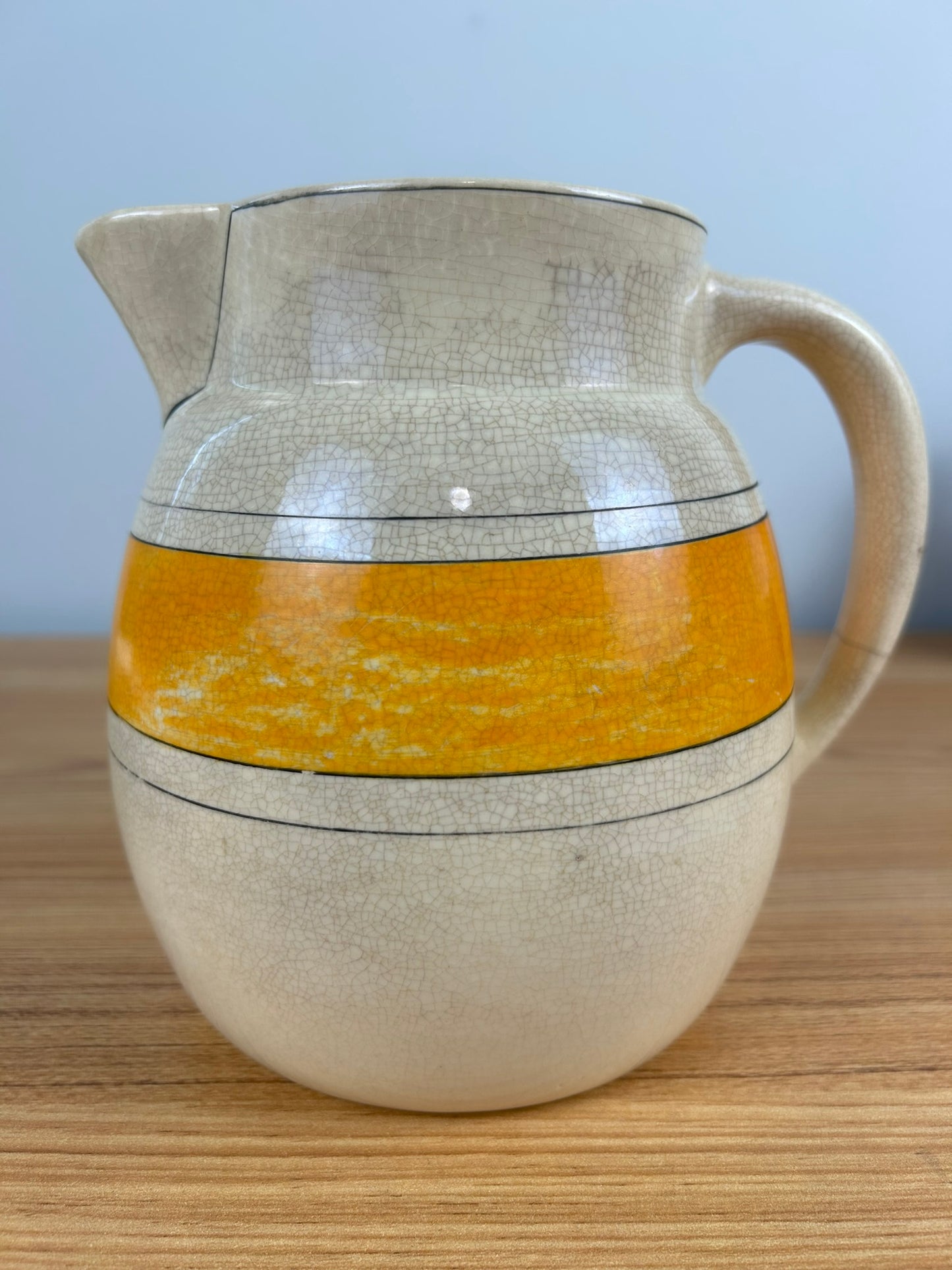 Antique Roseville Pottery USA Banded Pitcher Creamware, Orange & Black Creamer 6.5"