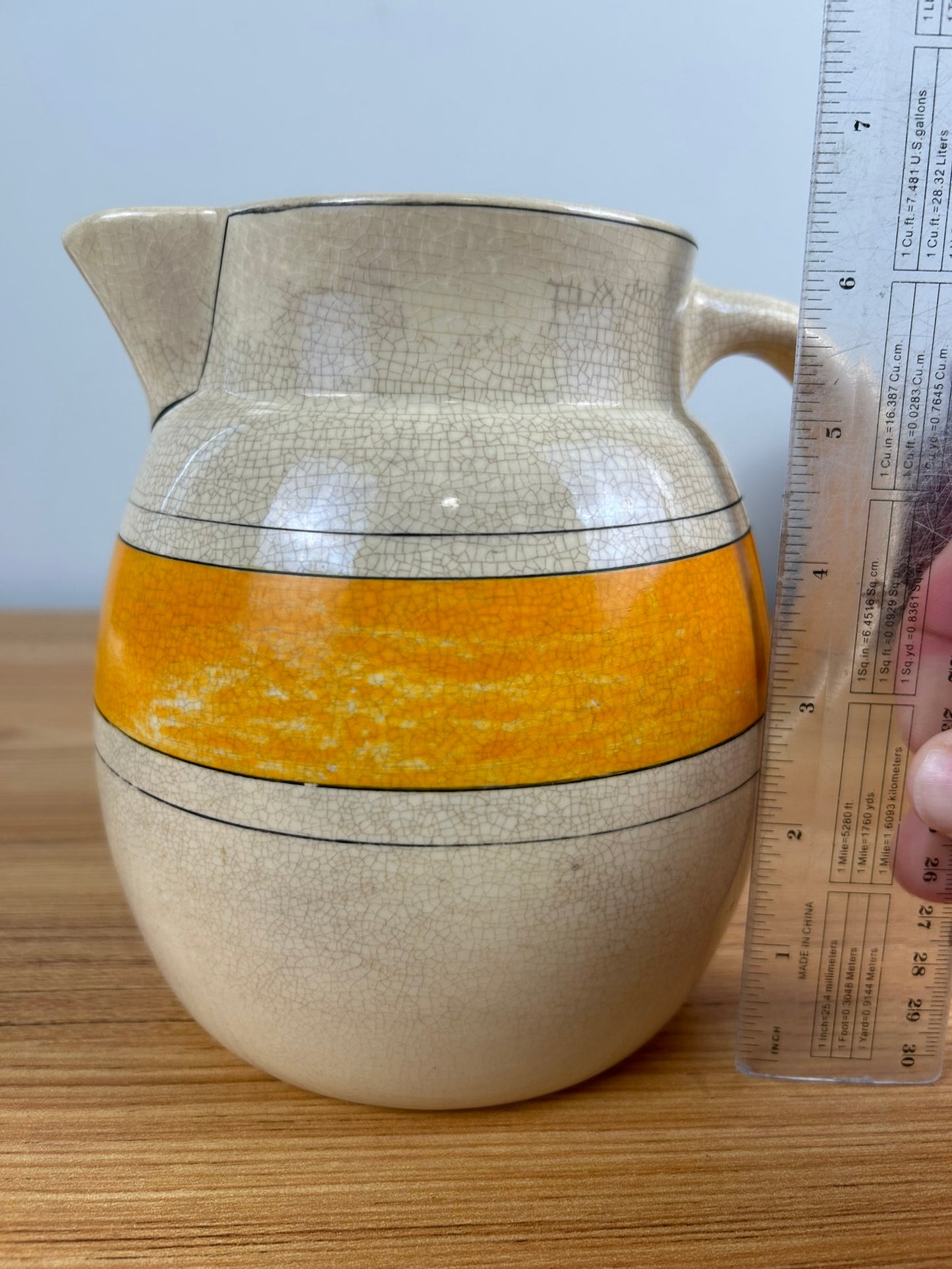 Antique Roseville Pottery USA Banded Pitcher Creamware, Orange & Black Creamer 6.5"