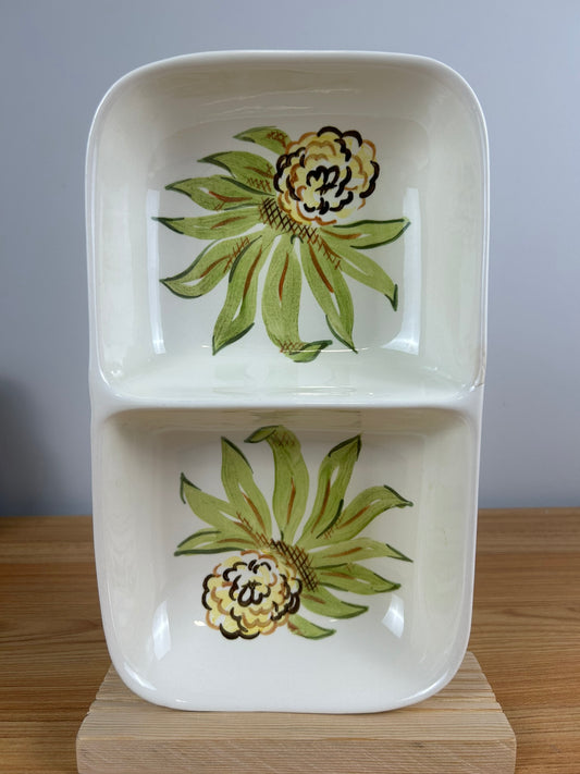 Redwing Zinnia Vegetable 2 Section Serving Dish 6.5" x 11" Hand Painted