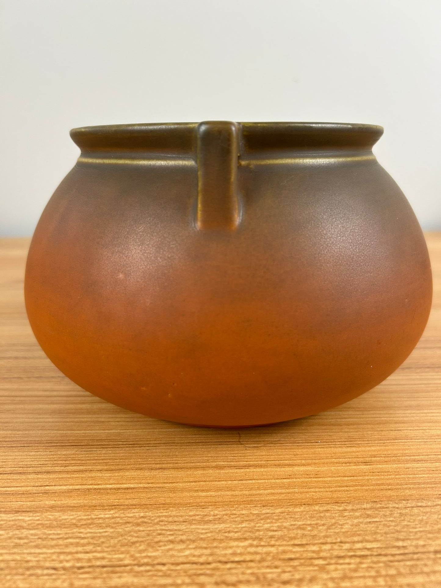 Roseville Art Pottery Rosecraft Matte Orange Green Glaze Handled Bowl
