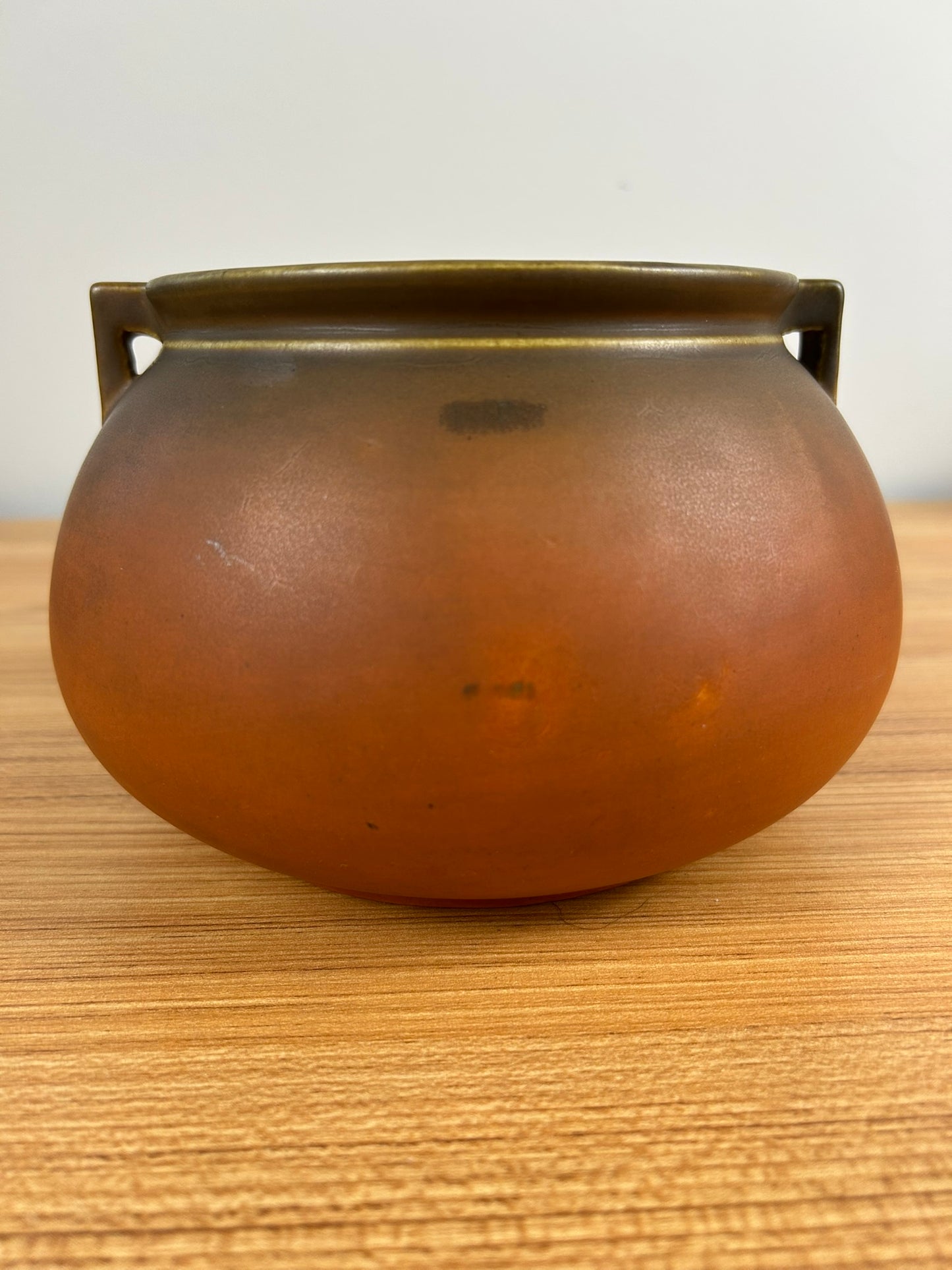 Roseville Art Pottery Rosecraft Matte Orange Green Glaze Handled Bowl