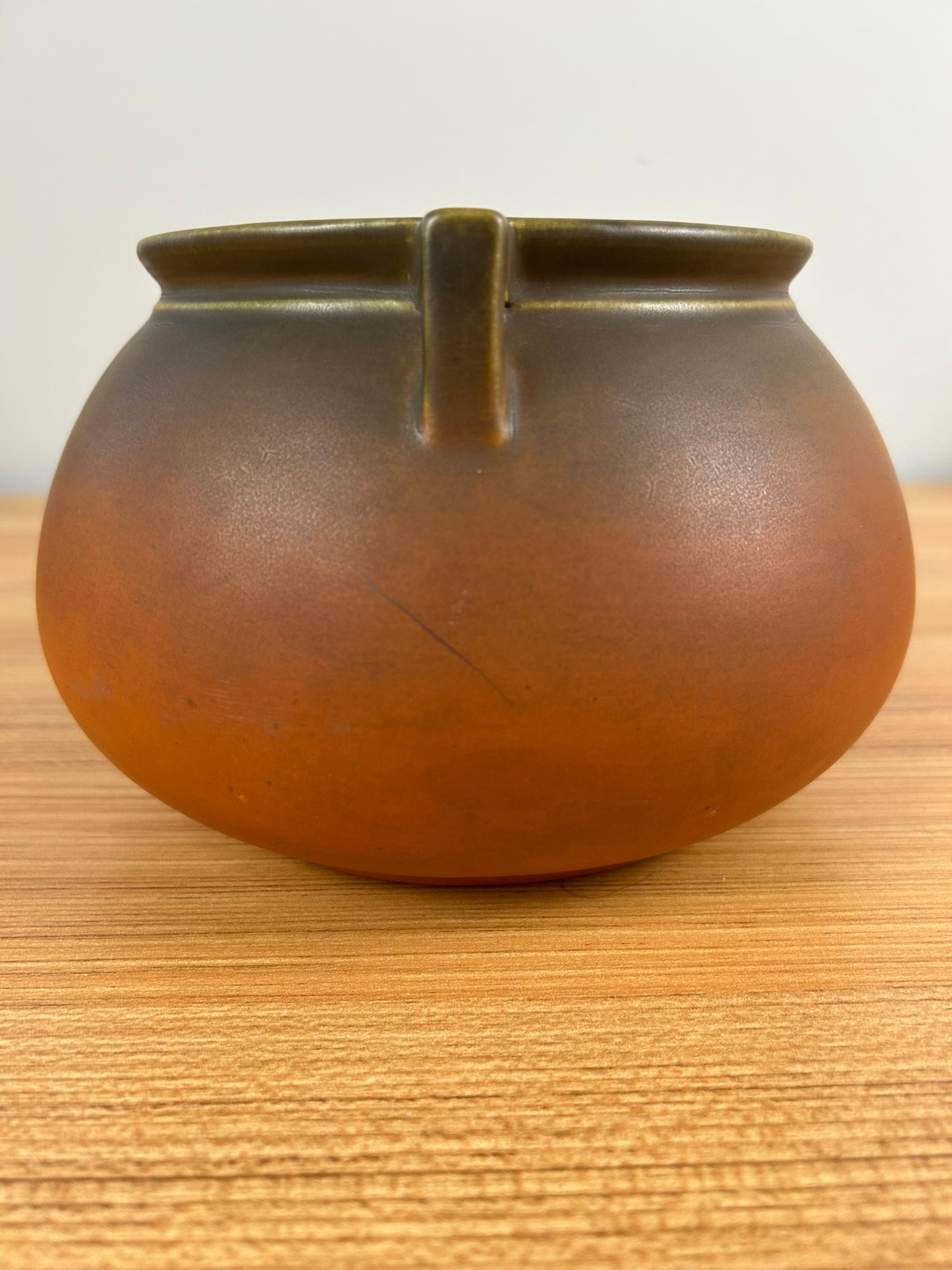 Roseville Art Pottery Rosecraft Matte Orange Green Glaze Handled Bowl