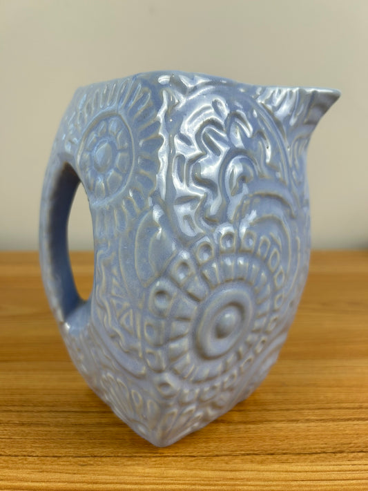 Niloak Pottery Arkansas Blue Daisy Flower Embossed Square Bottom Pitcher 1940's
