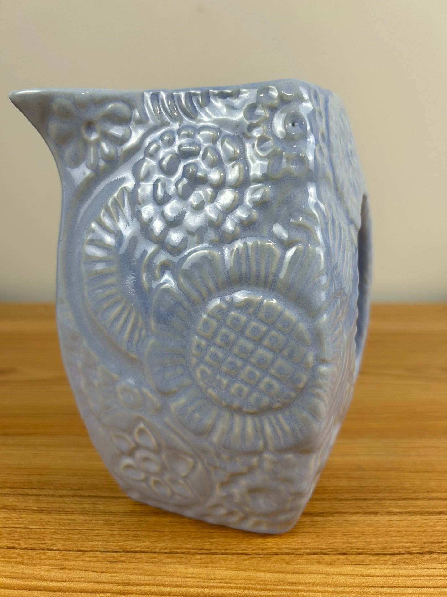 Niloak Pottery Arkansas Blue Daisy Flower Embossed Square Bottom Pitcher 1940's