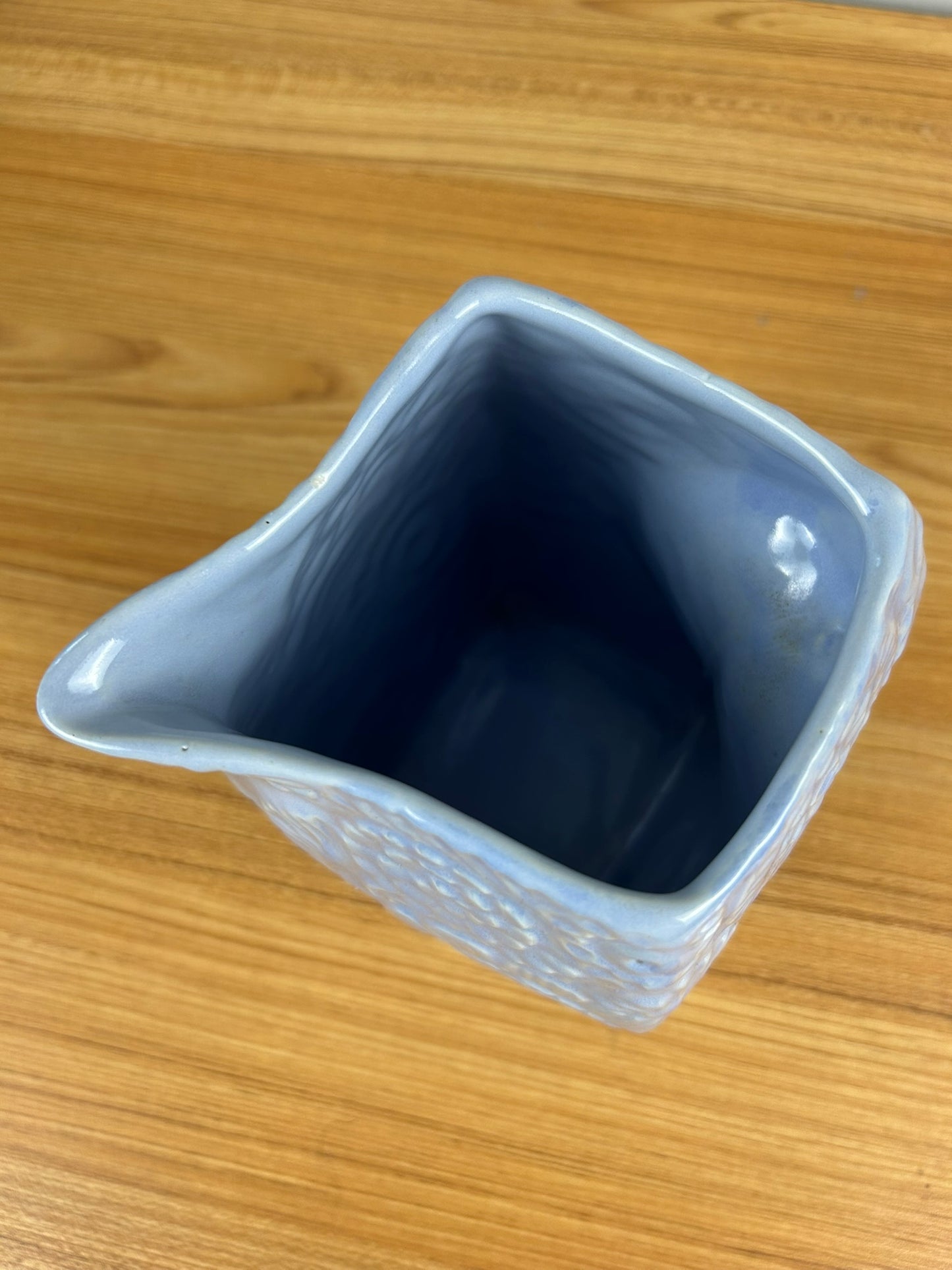 Niloak Pottery Arkansas Blue Daisy Flower Embossed Square Bottom Pitcher 1940's