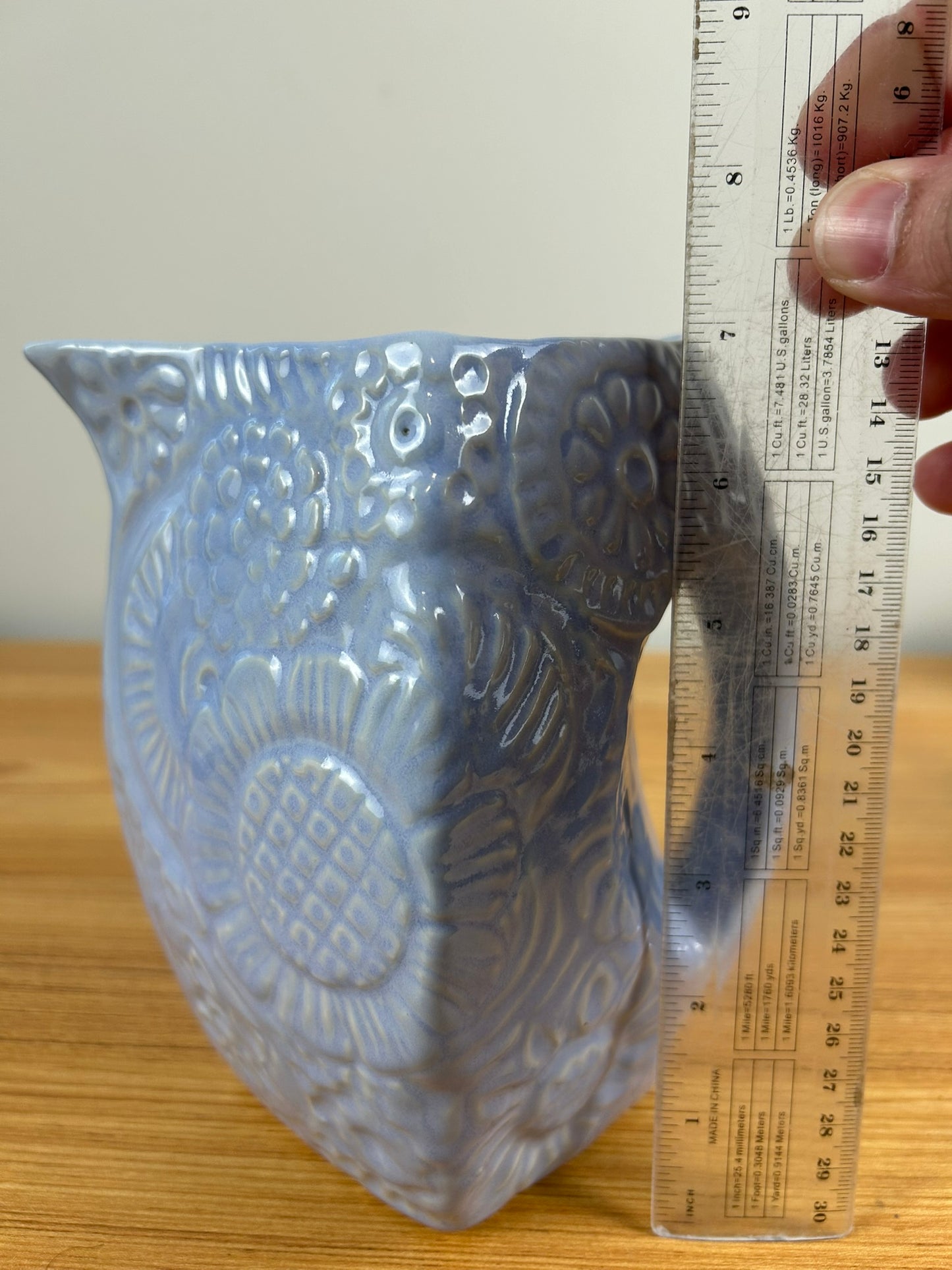 Niloak Pottery Arkansas Blue Daisy Flower Embossed Square Bottom Pitcher 1940's