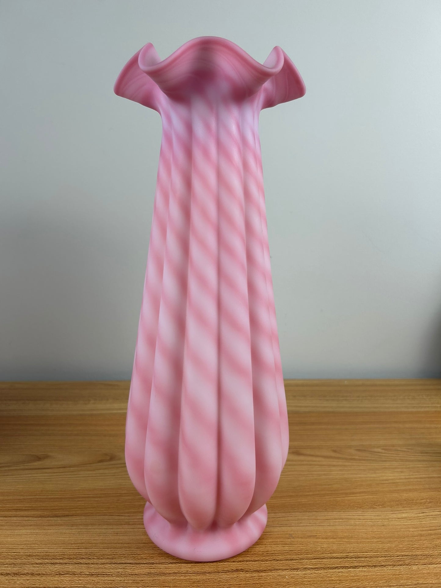 1993 Fenton Rosalene Satin Pink & White Candy Cane Spiral Optic 14" Vase