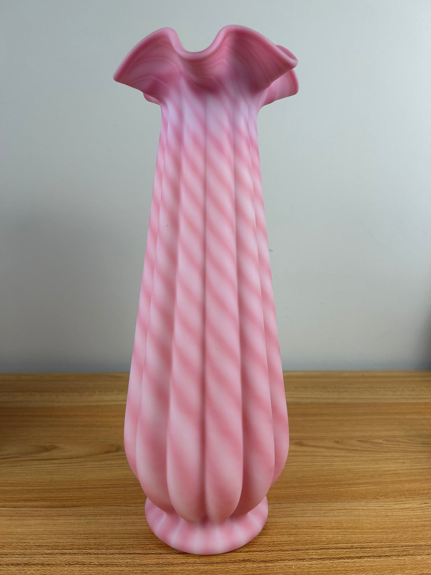 1993 Fenton Rosalene Satin Pink & White Candy Cane Spiral Optic 14" Vase