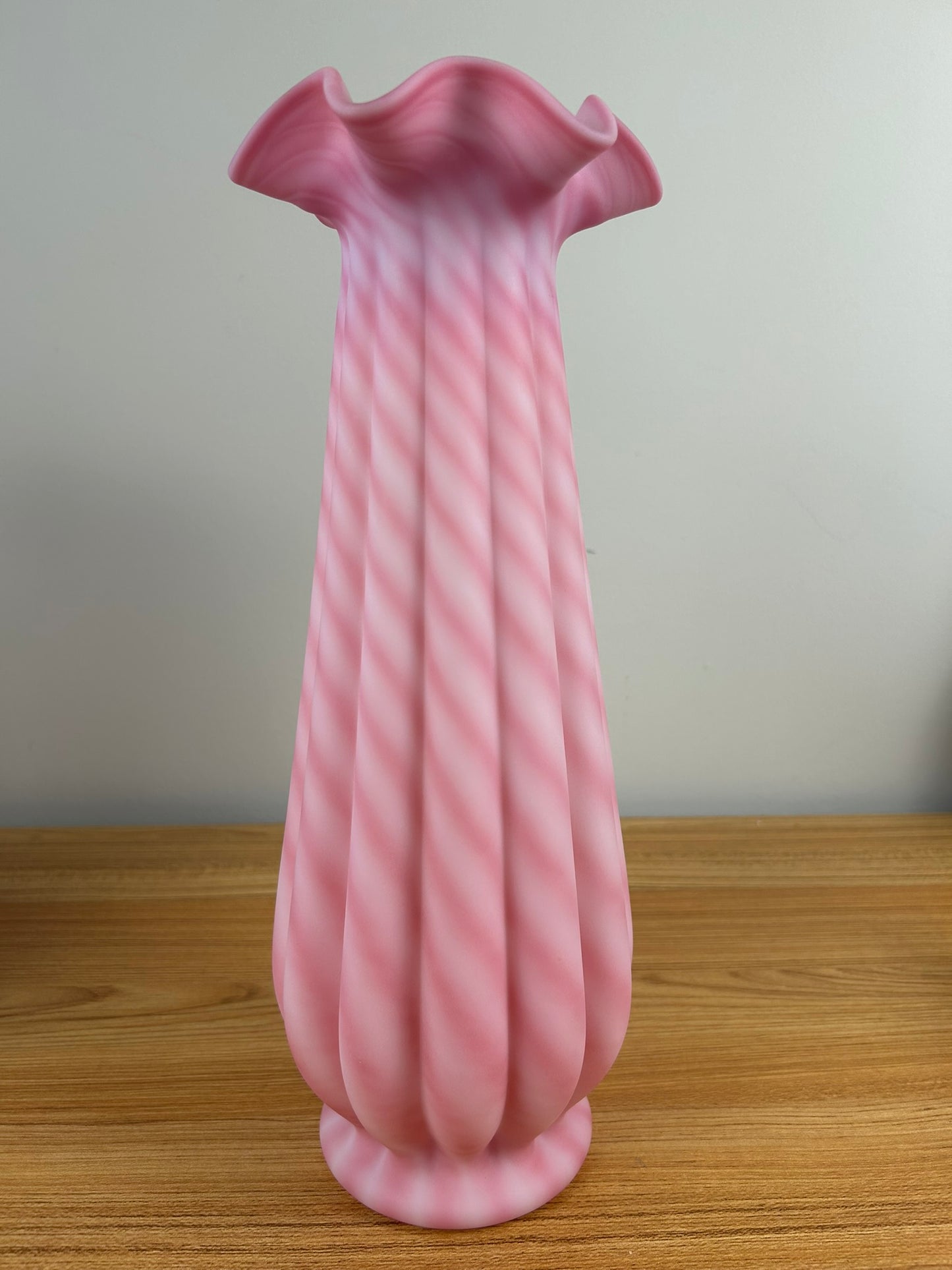 1993 Fenton Rosalene Satin Pink & White Candy Cane Spiral Optic 14" Vase