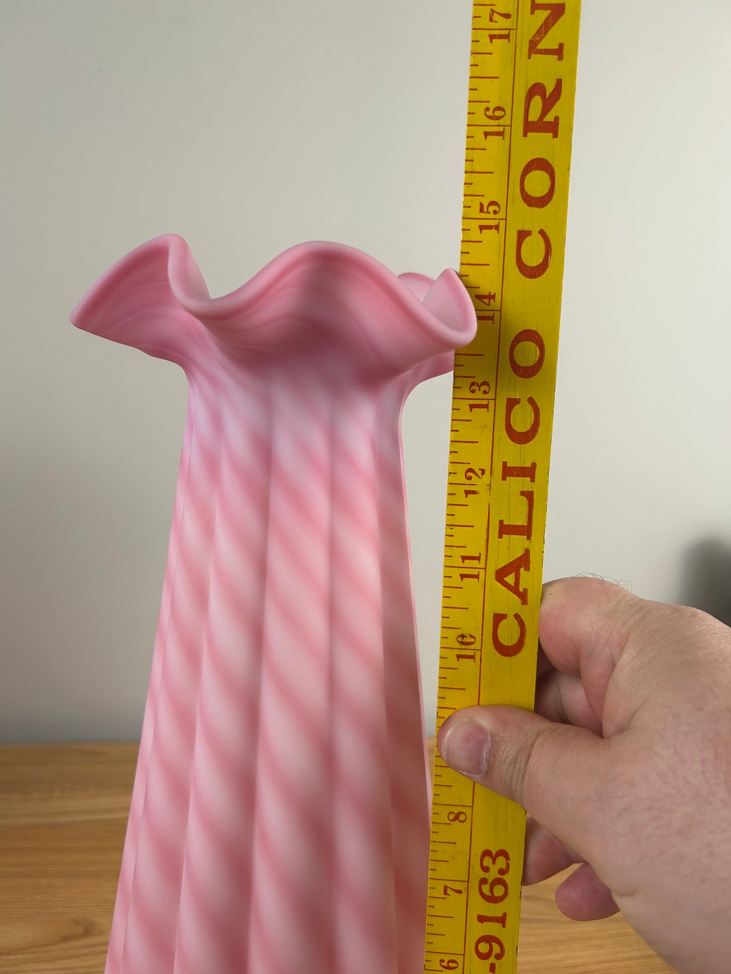 1993 Fenton Rosalene Satin Pink & White Candy Cane Spiral Optic 14" Vase