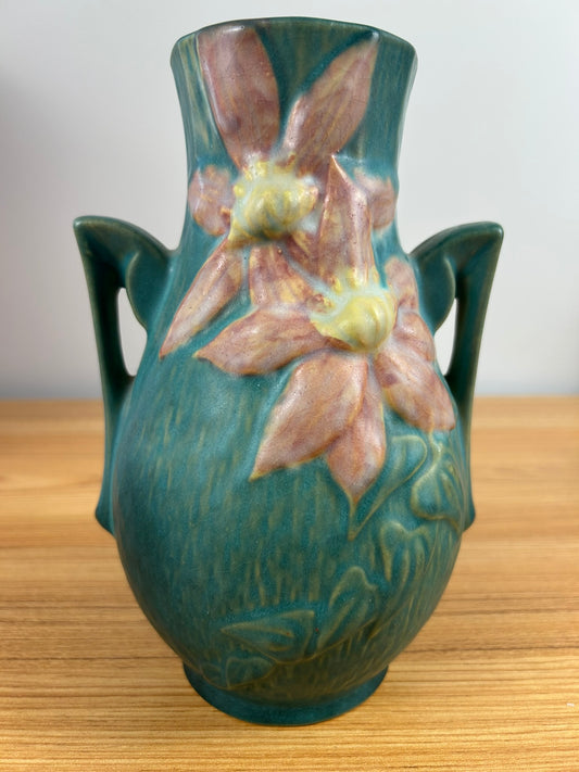 Roseville Art Pottery 1944 Clematis Vase Green Pink Flowers Handles #108-8