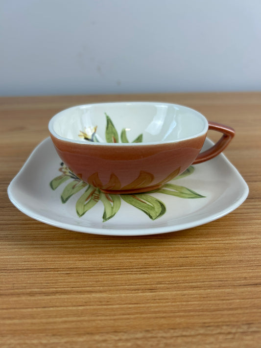 RED WING Art Pottery China 1947 ZINNIA Hand Painted Cup & Saucer