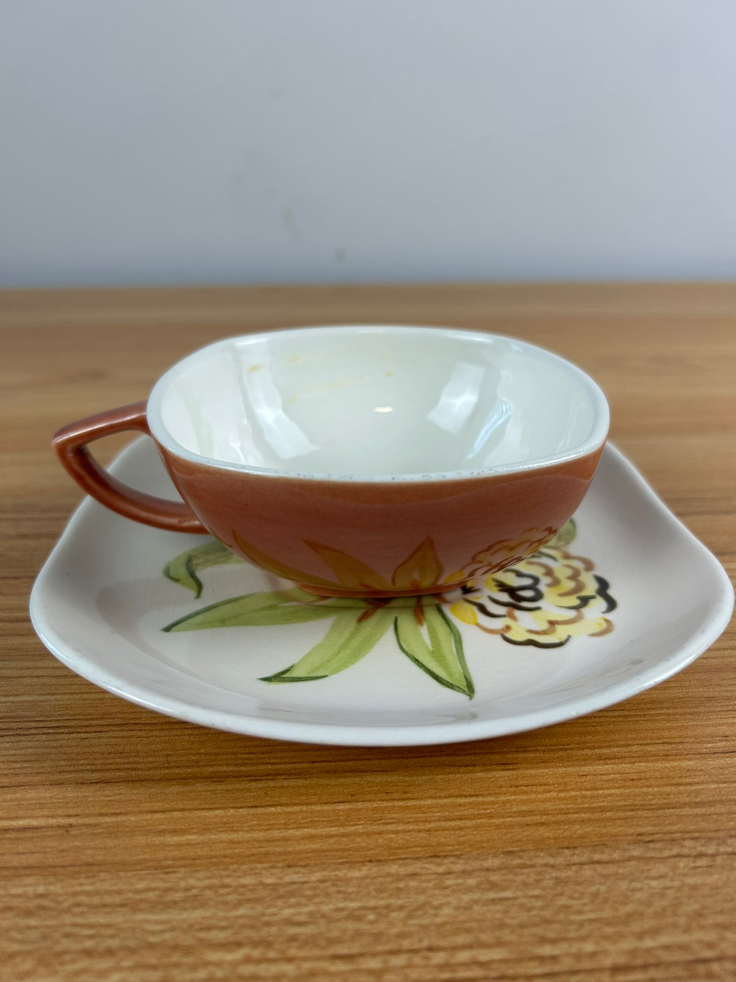 RED WING Art Pottery China 1947 ZINNIA Hand Painted Cup & Saucer