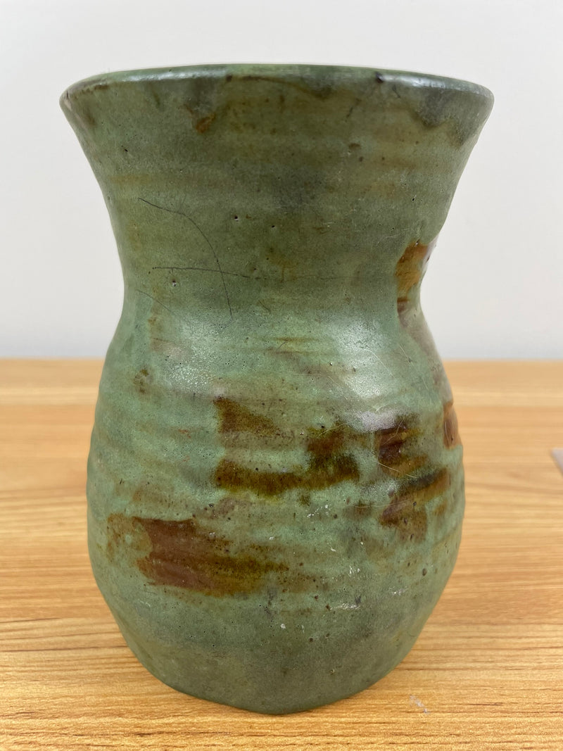 Vintage Matte Green Arts & Crafts Vase With Brown Glaze Areas 5.5" Tall