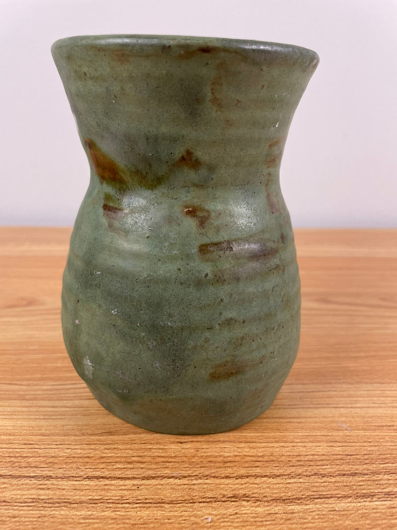 Vintage Matte Green Arts & Crafts Vase With Brown Glaze Areas 5.5" Tall