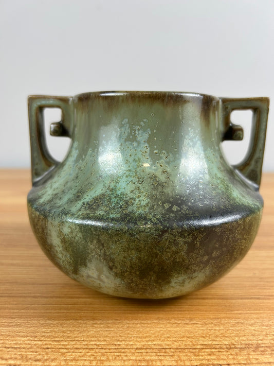 Fulper Art Pottery Two-Handled Green Leopardskin Vase c1910s