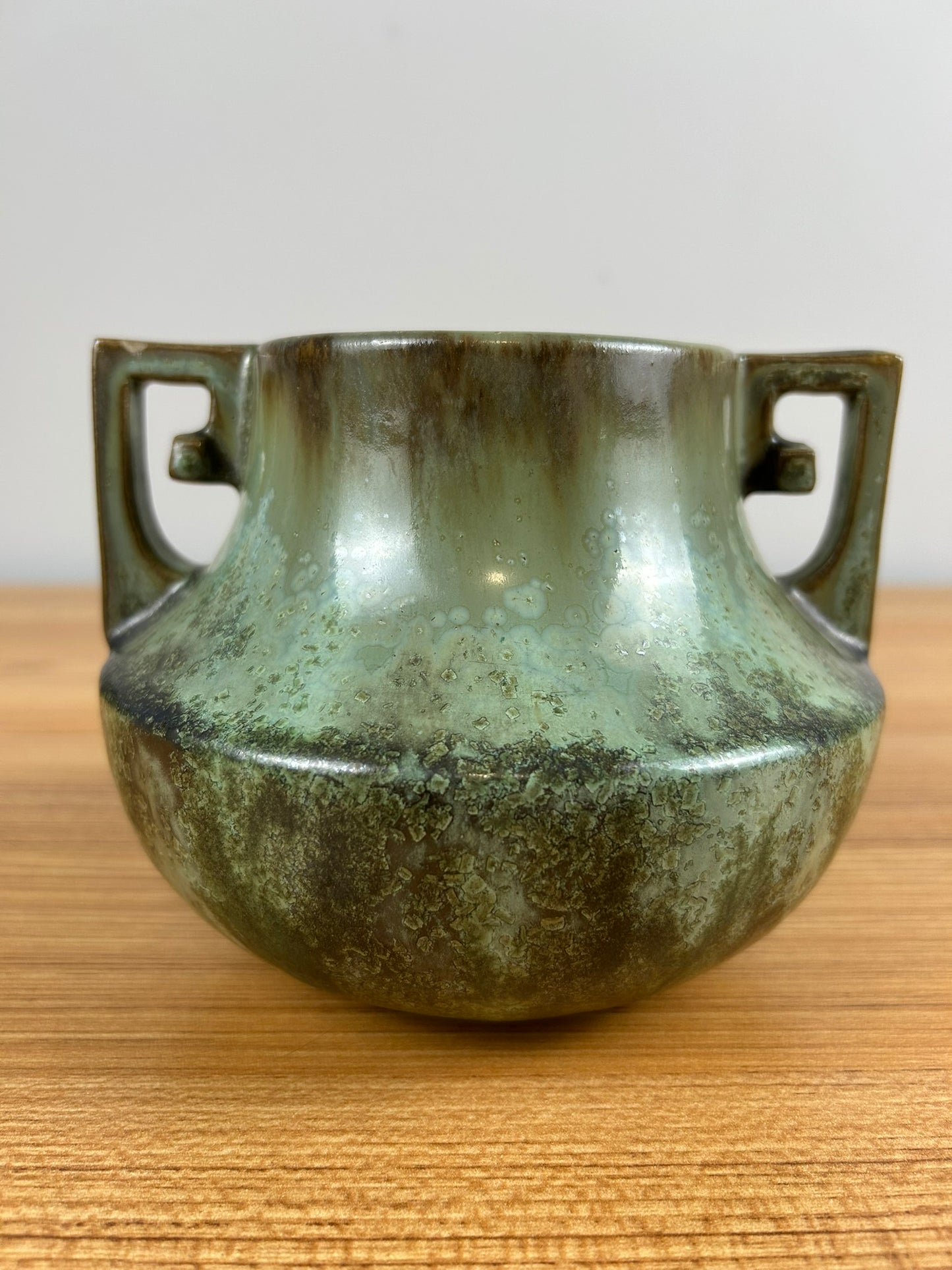 Fulper Art Pottery Two-Handled Green Leopardskin Vase c1910s