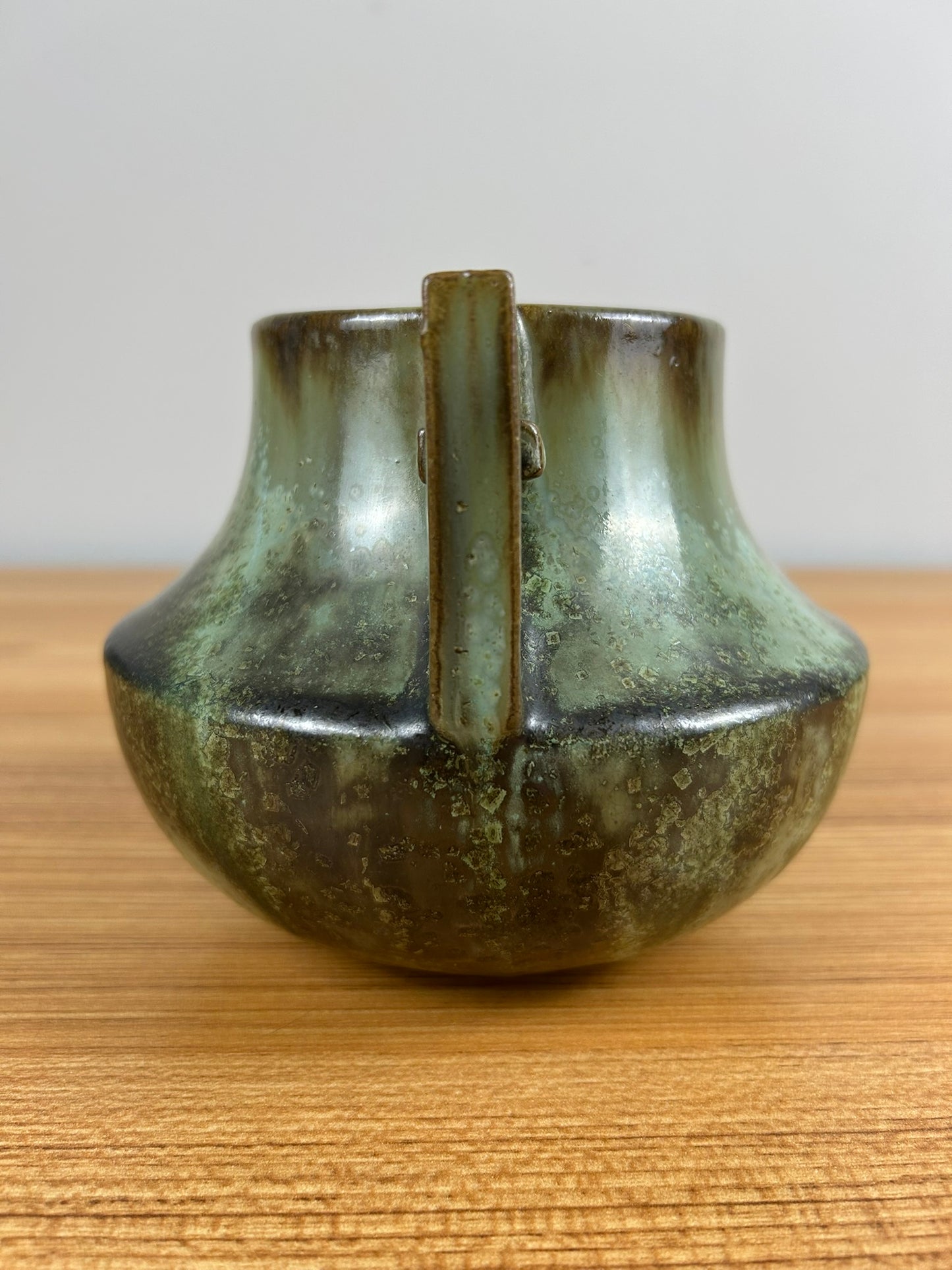 Fulper Art Pottery Two-Handled Green Leopardskin Vase c1910s
