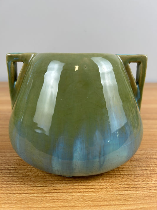 Fulper Art Pottery Vintage Double Handled Vase with a Green Flambé Glaze