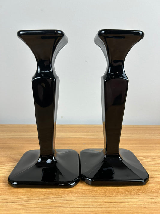 Cambridge Black Glass 8" Tall Square Candle Holders Candlesticks Vintage