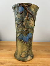 Weller Woodcraft 1920s Art Pottery Green Brown Plum Tree Vase 11.5" Tall