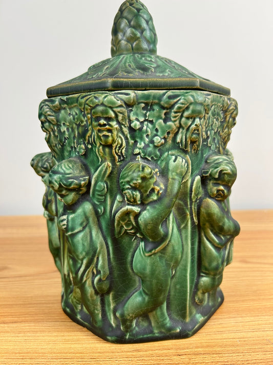 c1900 ATLANTIC POTTERY Octagonal Figural HUMIDOR TOBACCO JAR w/ CHERUBS, FACES