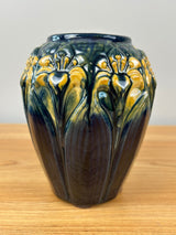 Brush McCoy Amaryllis Art Pottery Dark Blue Majolica Cabinet Vase
