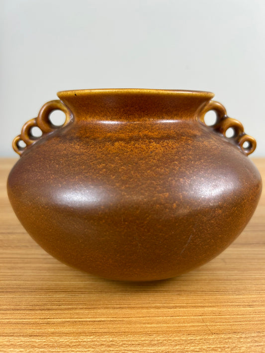 Monmouth Illinois Art Pottery Orange Rust Art Deco 3 Loop Handled Vase