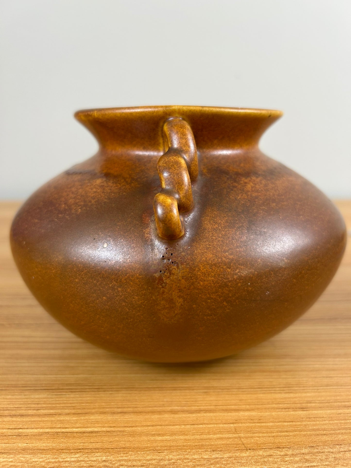 Monmouth Illinois Art Pottery Orange Rust Art Deco 3 Loop Handled Vase