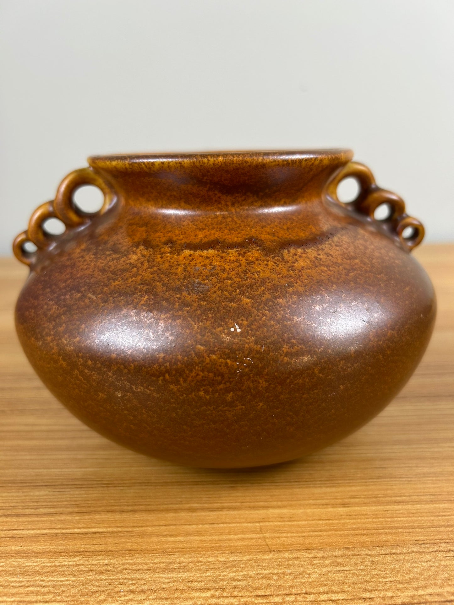 Monmouth Illinois Art Pottery Orange Rust Art Deco 3 Loop Handled Vase